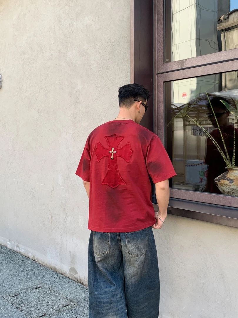 9016 小克家十字架轻奢高级感重磅短袖洗水T恤圆领（男女同款）