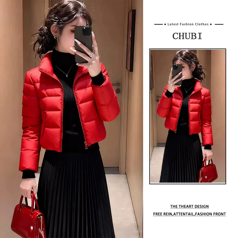 2025冬季新款时尚洋气红色短款棉服女显瘦保暖修身拉链面包服外套