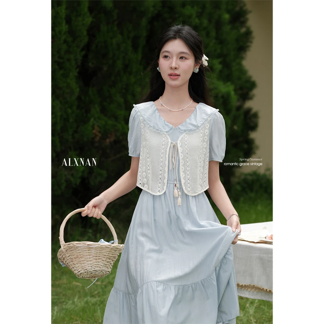鹿向南【公主早茶】夏季新款蓝色系气质显白减龄连衣裙长裙女