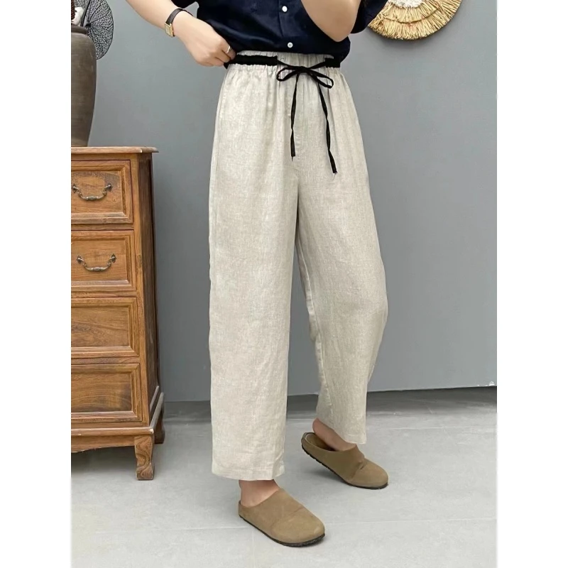 夏季九分亚麻阔腿裤小个子宽松垂感显瘦女士直筒裤