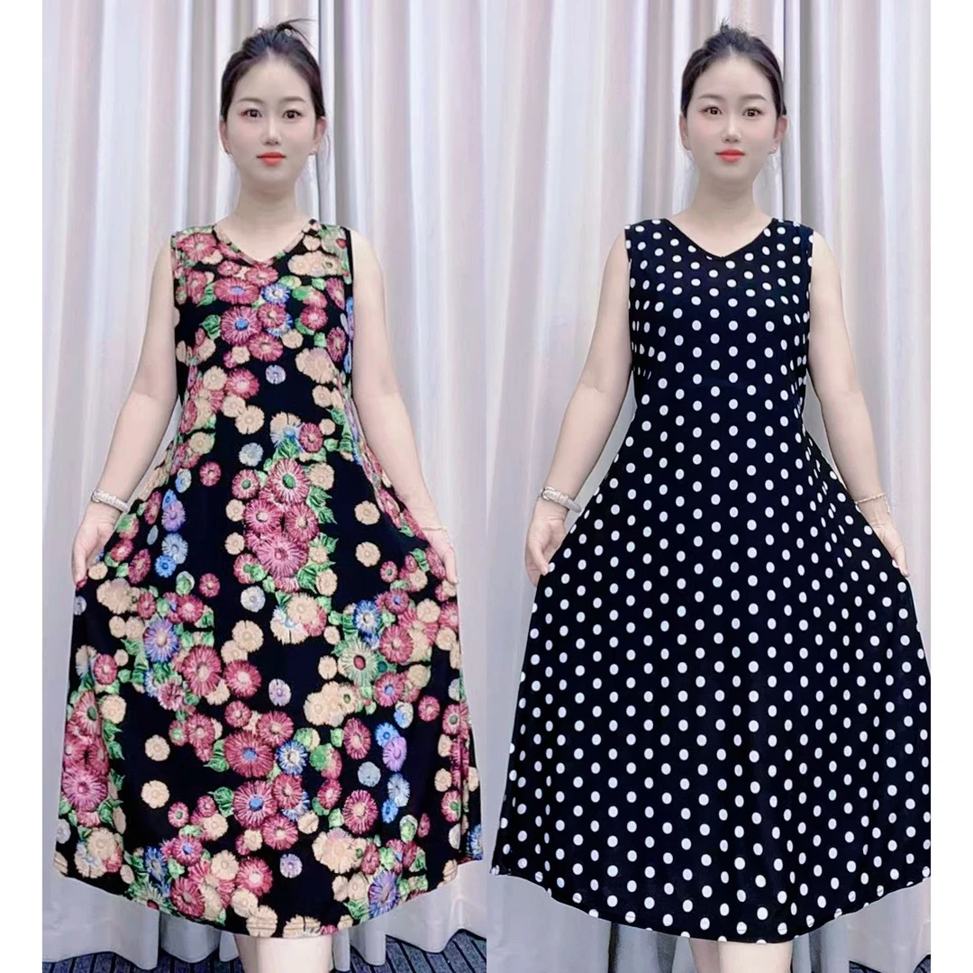 夏季新款女装外穿收腰系带显瘦长款背心裙宽松V领无袖碎花连衣裙