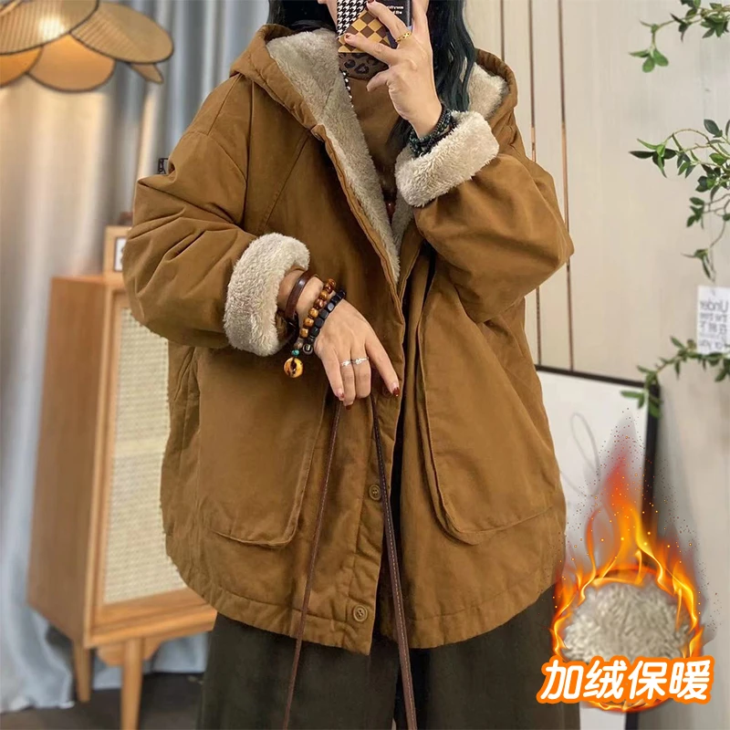 2025冬季新款连帽加绒棉服女士宽松早秋穿搭女士短款连帽开衫外套