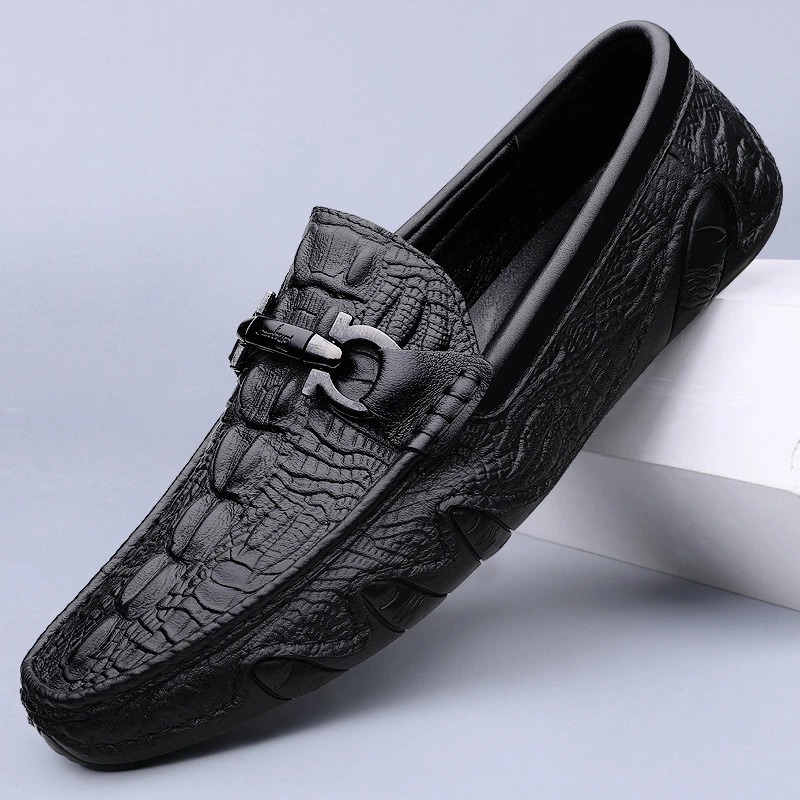 男鞋牛皮真皮豆豆鞋鳄鱼纹男士时尚乐福鞋夏季透气韩版豆豆鞋8908