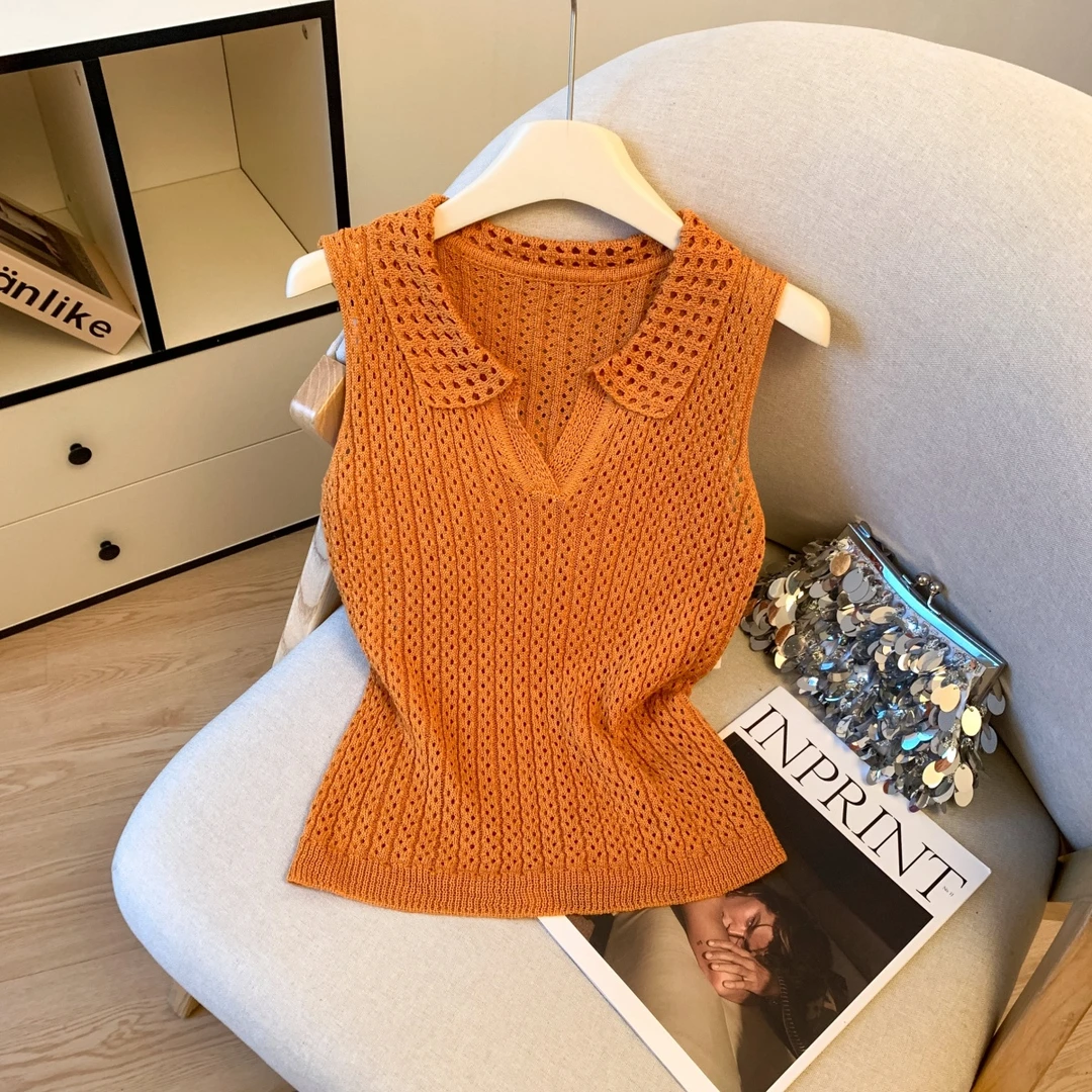 设计感粗针镂空针织背心女2025夏季新款polo领无袖坎肩上衣洋气潮