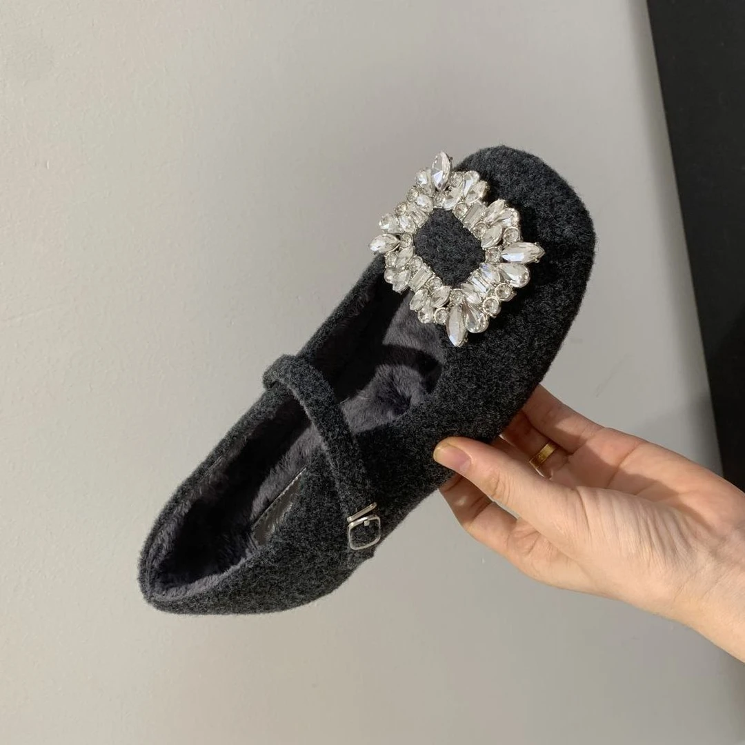 UHCK一字带毛呢鞋灰色加绒单鞋保暖棉鞋女鞋子法式秋冬季玛丽珍毛