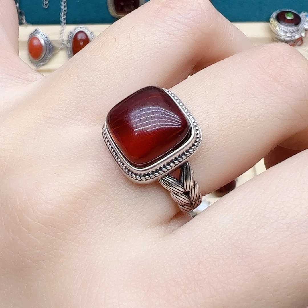 血珀戒指银S925镶嵌天然