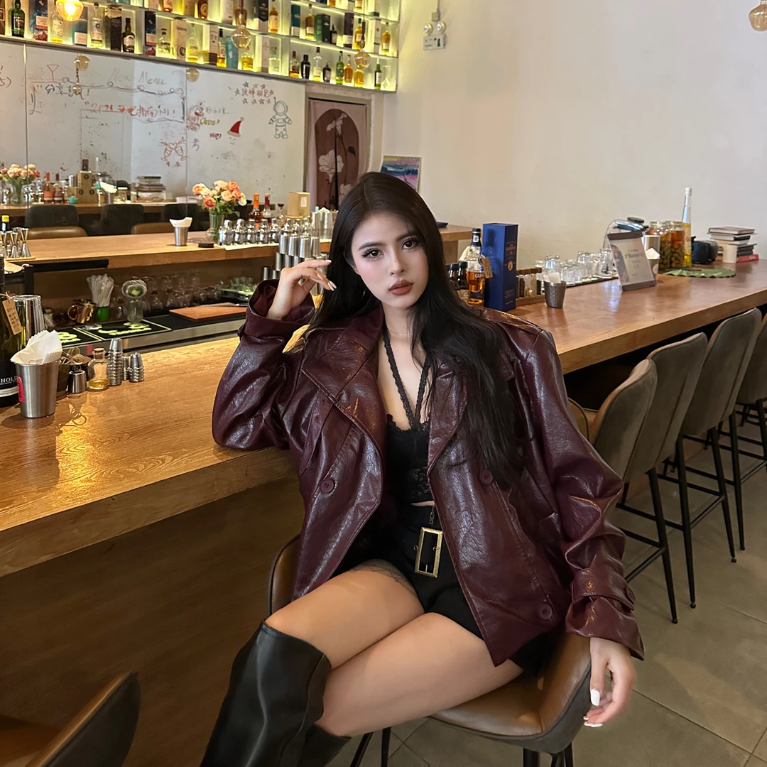 油蜡皮衣外套女2025秋季新款设计感小众显瘦立领PU皮夹克上衣