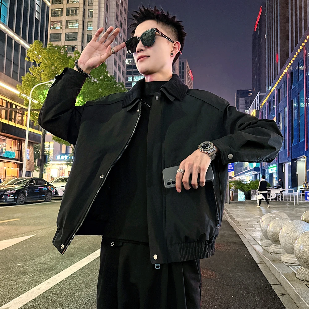 翻领纯色常规款棉服男士港风长款拼接立领潮流棉衣休闲百搭春秋冬