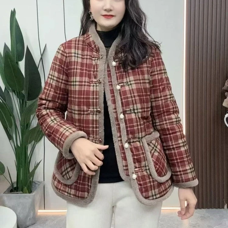 冬季新款妈妈装加绒加厚棉衣百搭新中式盘扣格子宽松显瘦外套棉袄