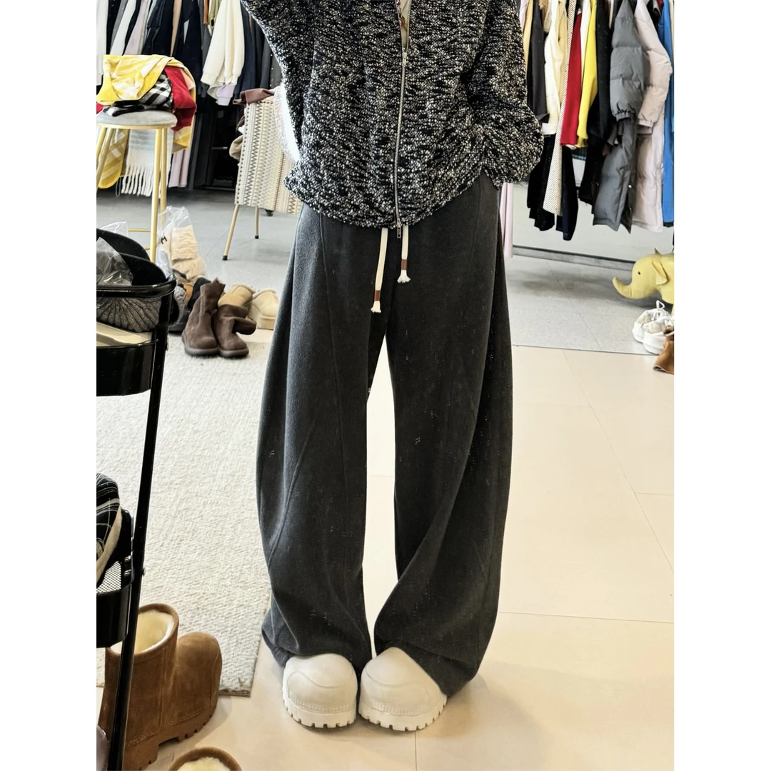 【糯糯解压裤！】全松紧高腰抽绳裤腿立体线阔腿绒感休闲裤