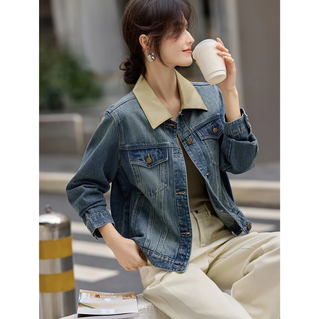 XWI/欣未2025年春季拼色拼接牛仔外套通勤百搭气质撞色上衣女