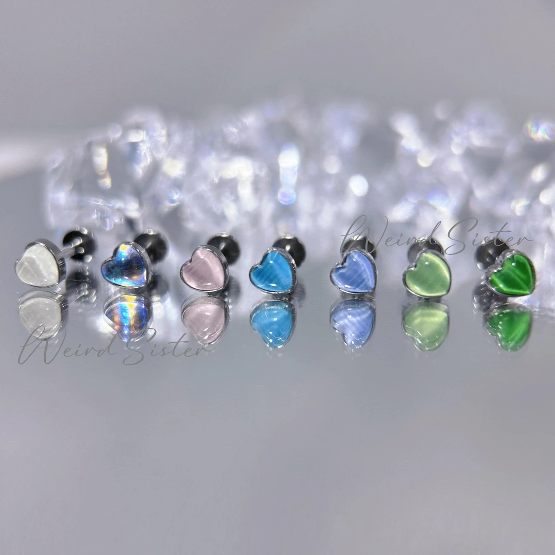 钛合金耳饰 f136钛合金甜美爱心猫眼多色耳钉耳骨耳蜗钉防过敏