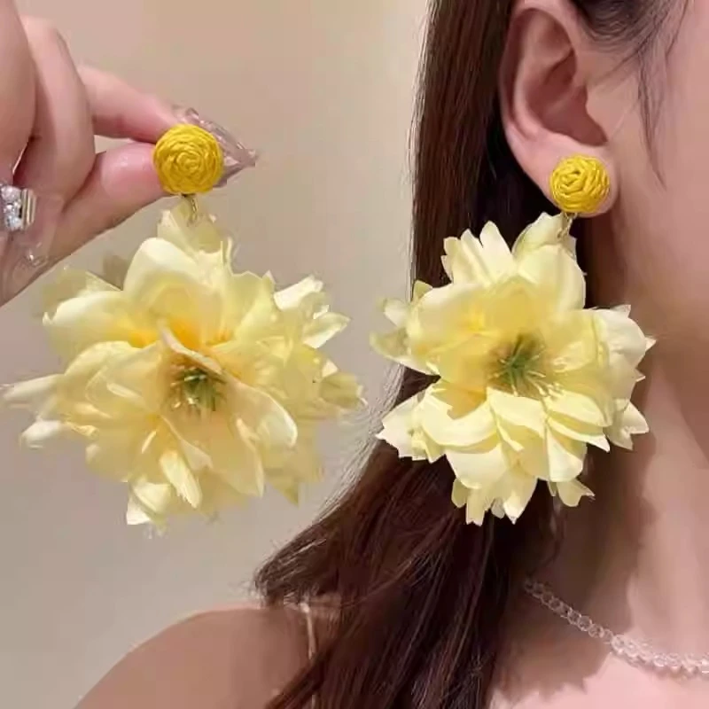 合金布艺耳饰 夏天超仙黄玫瑰耳环女气质耳钉海边度假风夸张耳饰