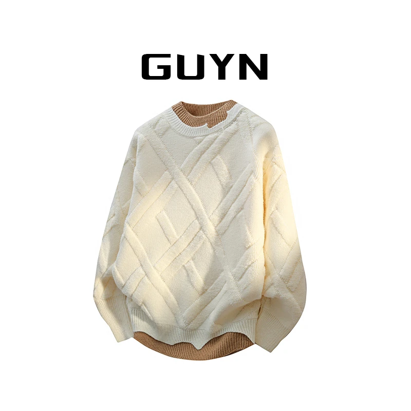 【品牌正品现货】GUYN假两件针织衫男秋冬复古提花肌理感毛衣高级感