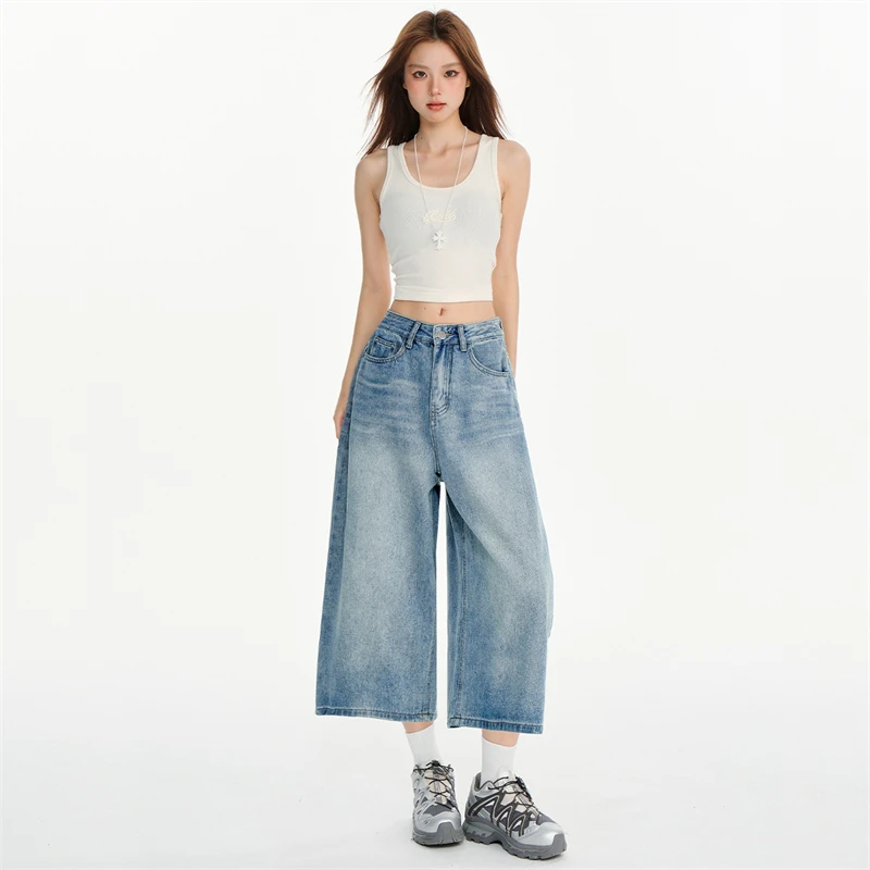 八分牛仔裤女美式街头小个子宽松阔腿2025年夏季新款显瘦复古中裤