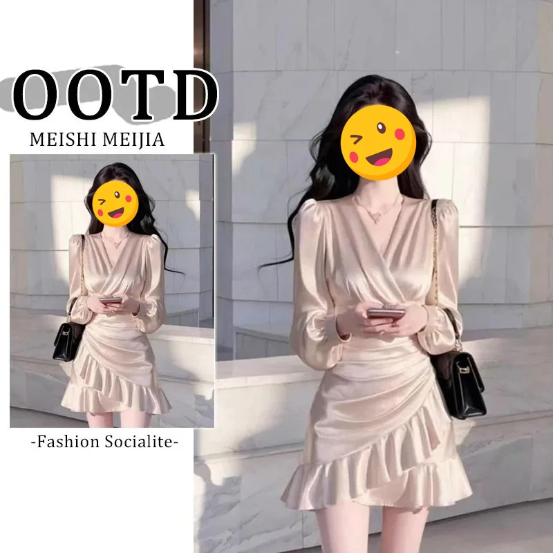 高级感气质收腰长袖连衣裙2025春季新款洋气小个子缎面短裙子