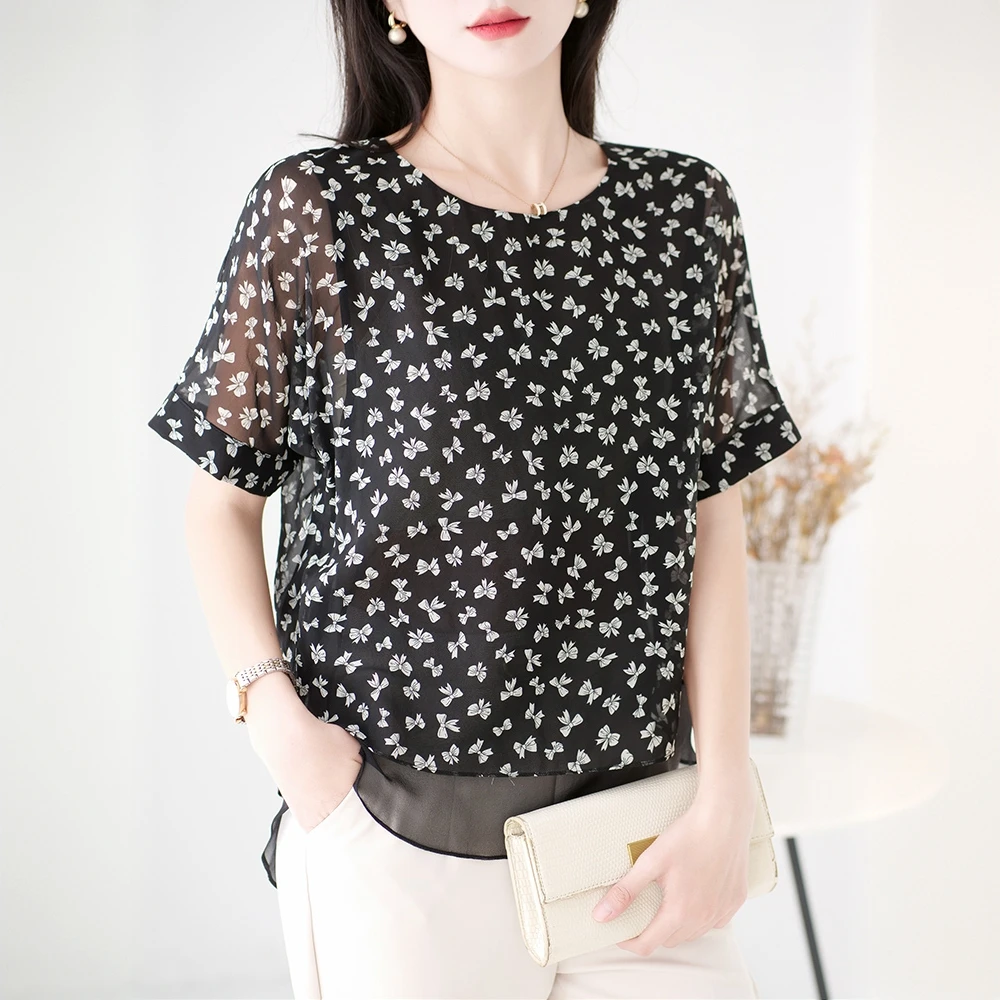 2024夏季减龄桑蚕丝短袖印花真丝t恤女上衣小衫双层撞色妈妈装