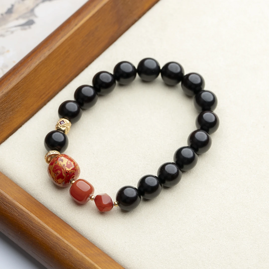 XIANYUAN/仙源小叶紫檀10mm大漆珠玛瑙单圈手串