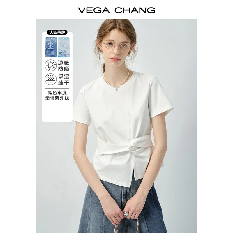 VEGA CHANG短袖t恤女2025新款气质休闲设计感不规则扭结收腰上衣