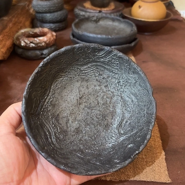 黑淘泥柴烧壶承直径13.3