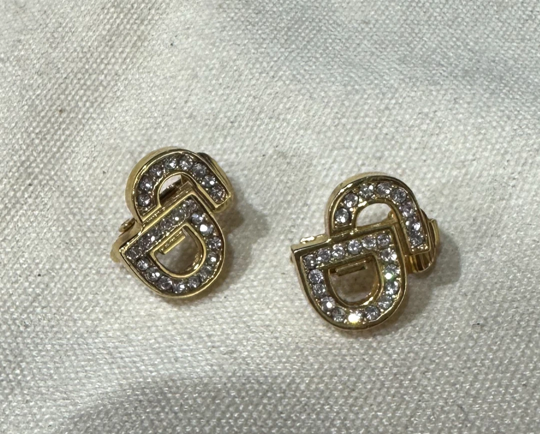 99新 DIOR/迪奥 cd logo满钻金色耳夹
