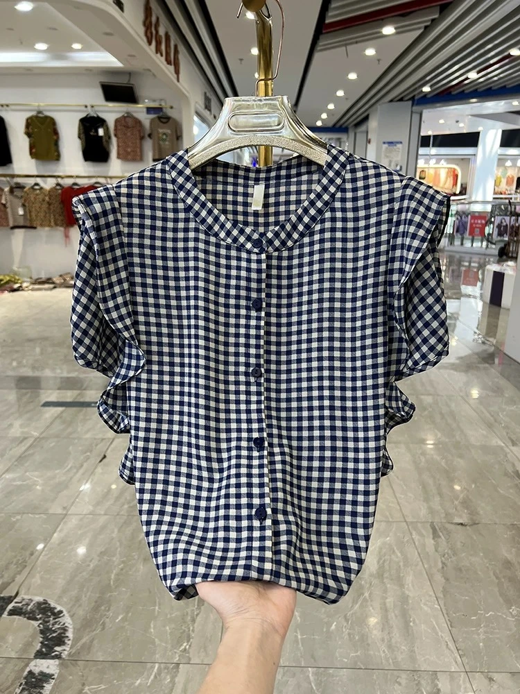 F25057宽松型立领夏季短袖格纹格子衬衫袖子荷叶边格子小件衬衣