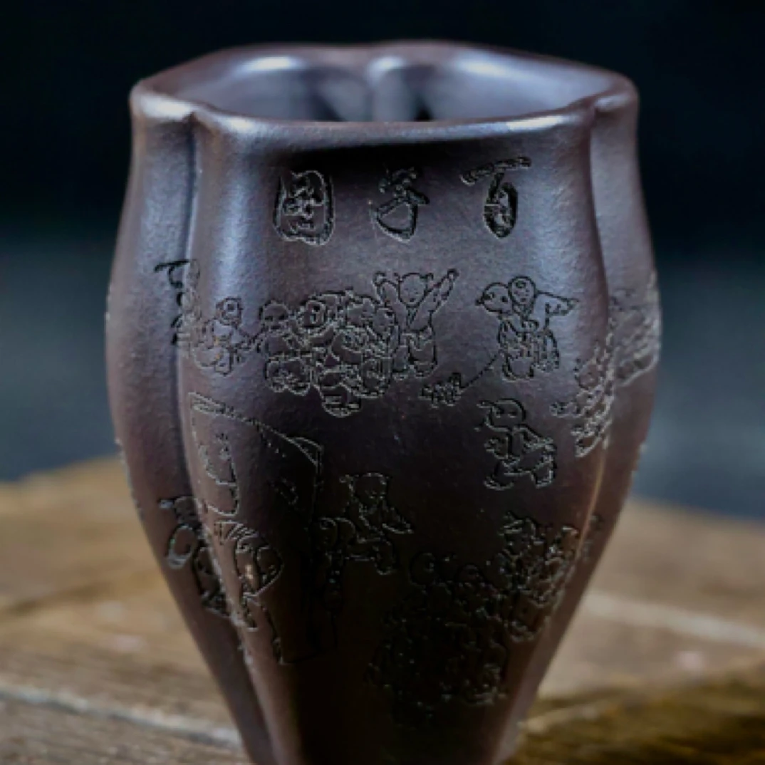 宜兴原矿石黄手工三角筋纹杯百子图黄大容量品茗主人杯茶壶茶具杯