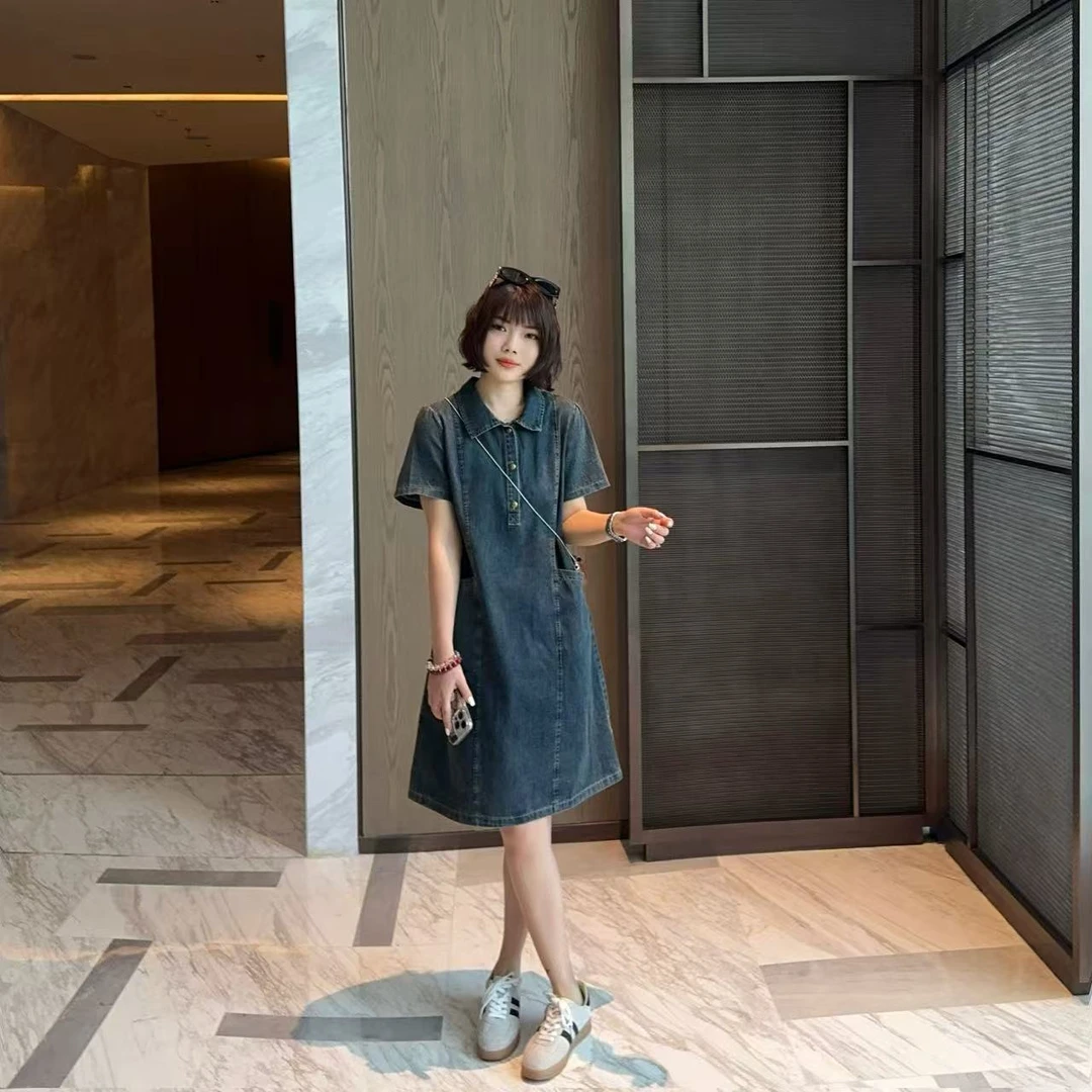 玳妮【POLO牛仔裙】夏季 翻领韩系排扣镂空长裙A版牛仔裙斜方包长裙