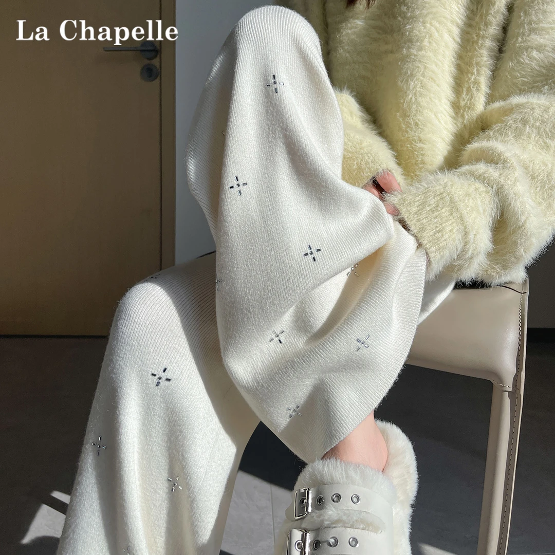 拉夏贝尔杏色烫钻针织阔腿裤女春秋新款高腰宽松休闲直筒糯米裤子