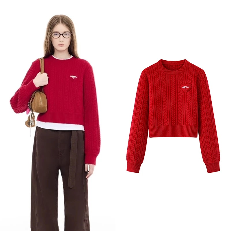 【D】针织衫2025春季新款绞花工艺摩登新年红上衣女C5008