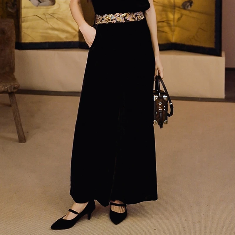 复古日记新中式100桑蚕丝底丝绒国风女装绣花显瘦裤子245K5375