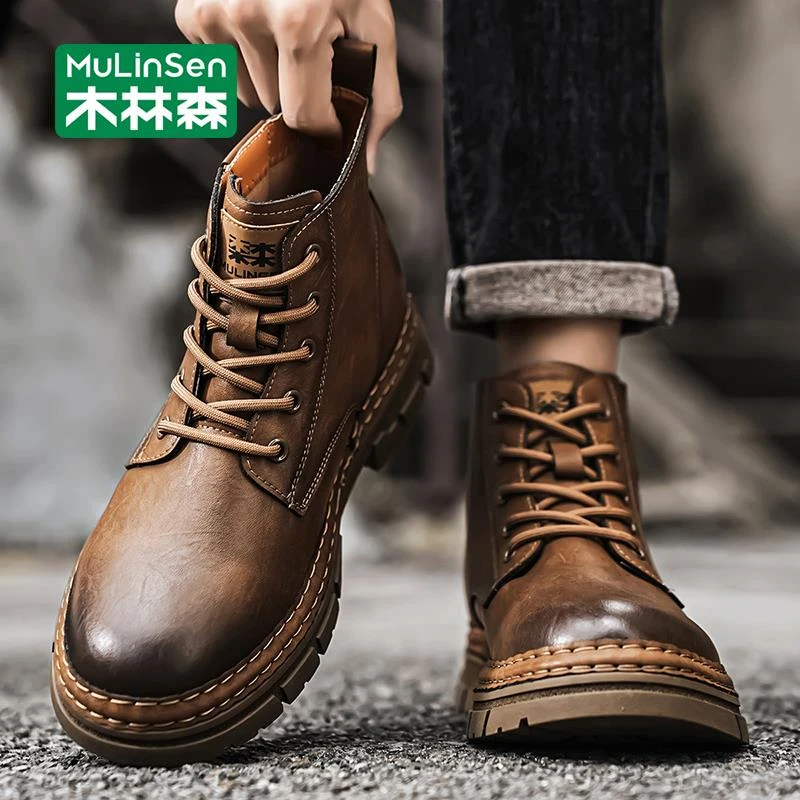 木林森马丁靴男秋季休闲高帮皮靴复古工装沙漠靴户外登山潮流短靴