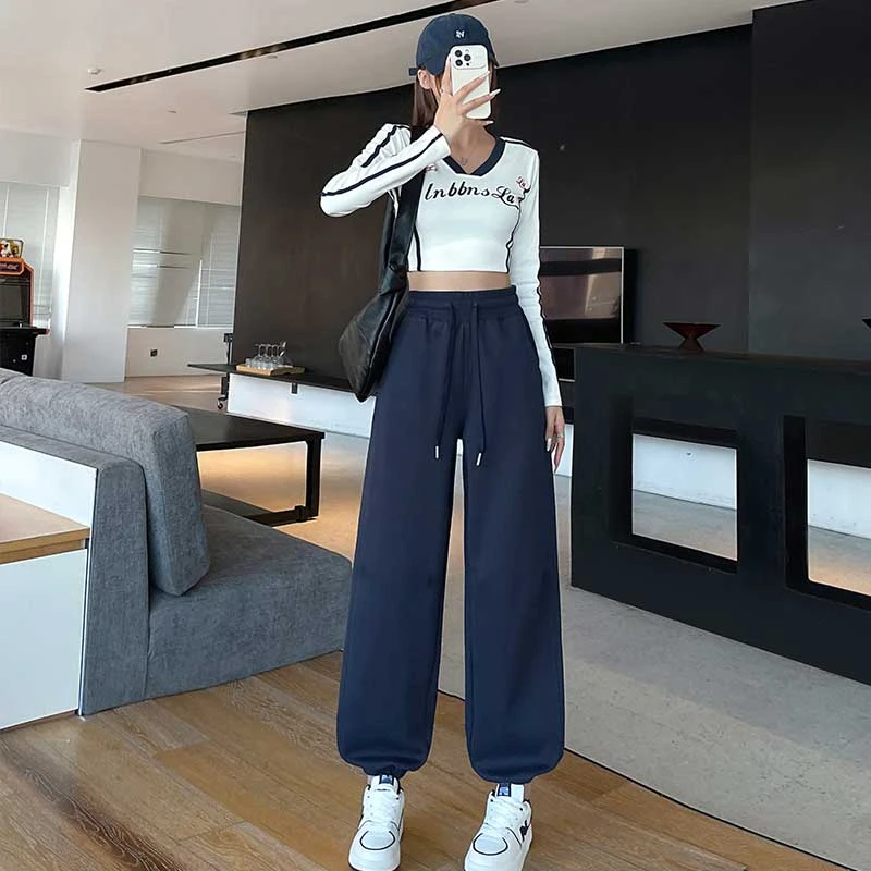 藏蓝色束脚卫裤女春秋2025新款宽松小个子休闲哈伦裤子美式运动裤