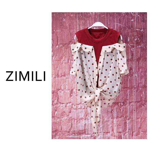 【亮哥女装】2025欧版轻薄安可拉红拼杏粉色雪纺假两件休闲短袖8862