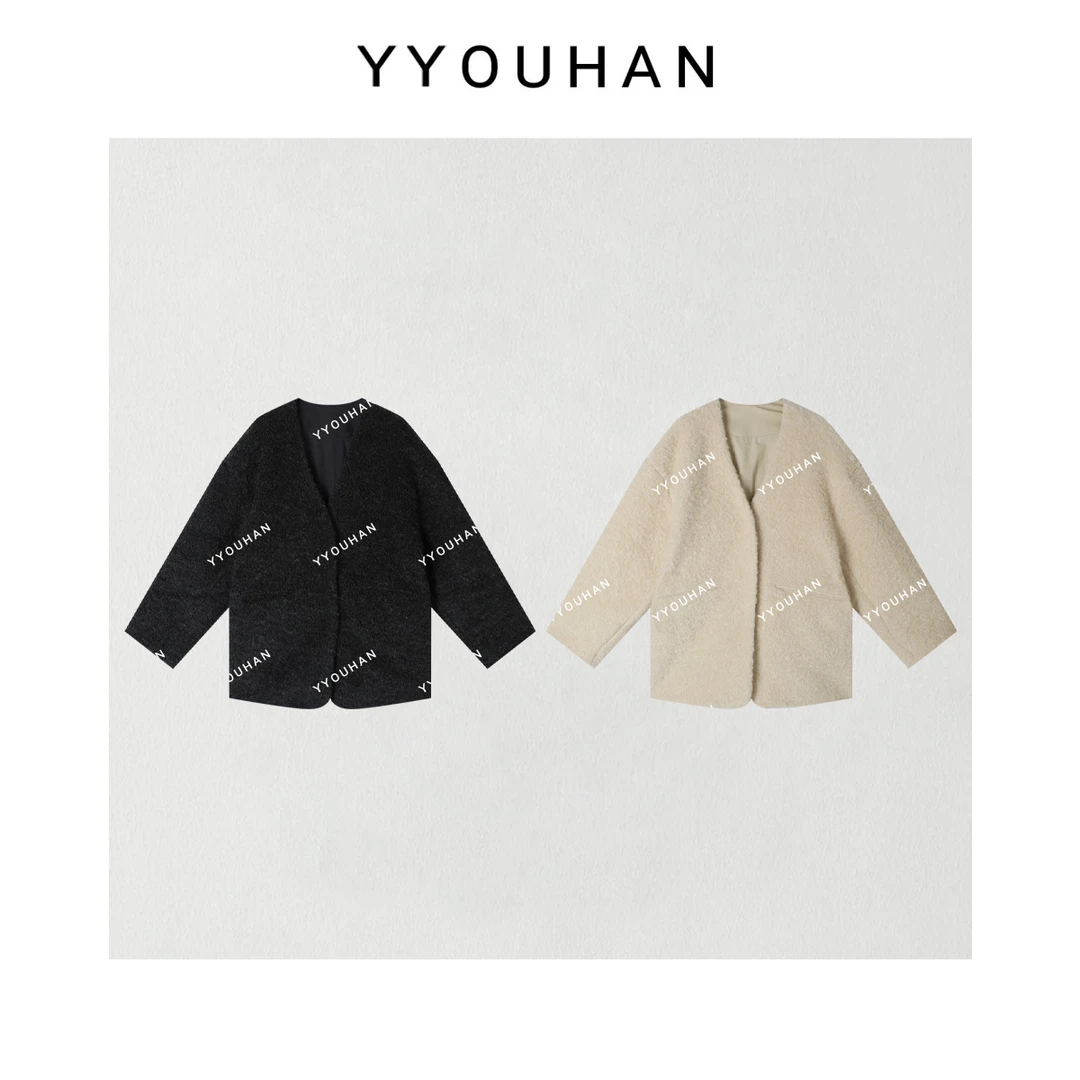 小静静一会  秋冬简约百搭纯色厚款V领苏力毛呢外套 2410B4799