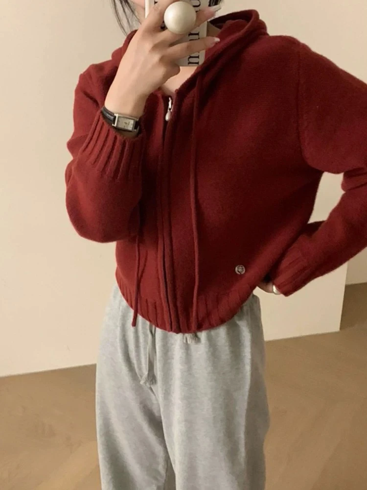 7366帽拉链外套女2024秋冬新款宽松显瘦简约针织上衣