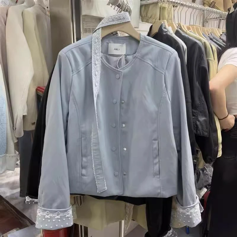 2025春季新款韩版蕾丝飘带拼接皮衣外套女显瘦单排扣百搭夹克上衣