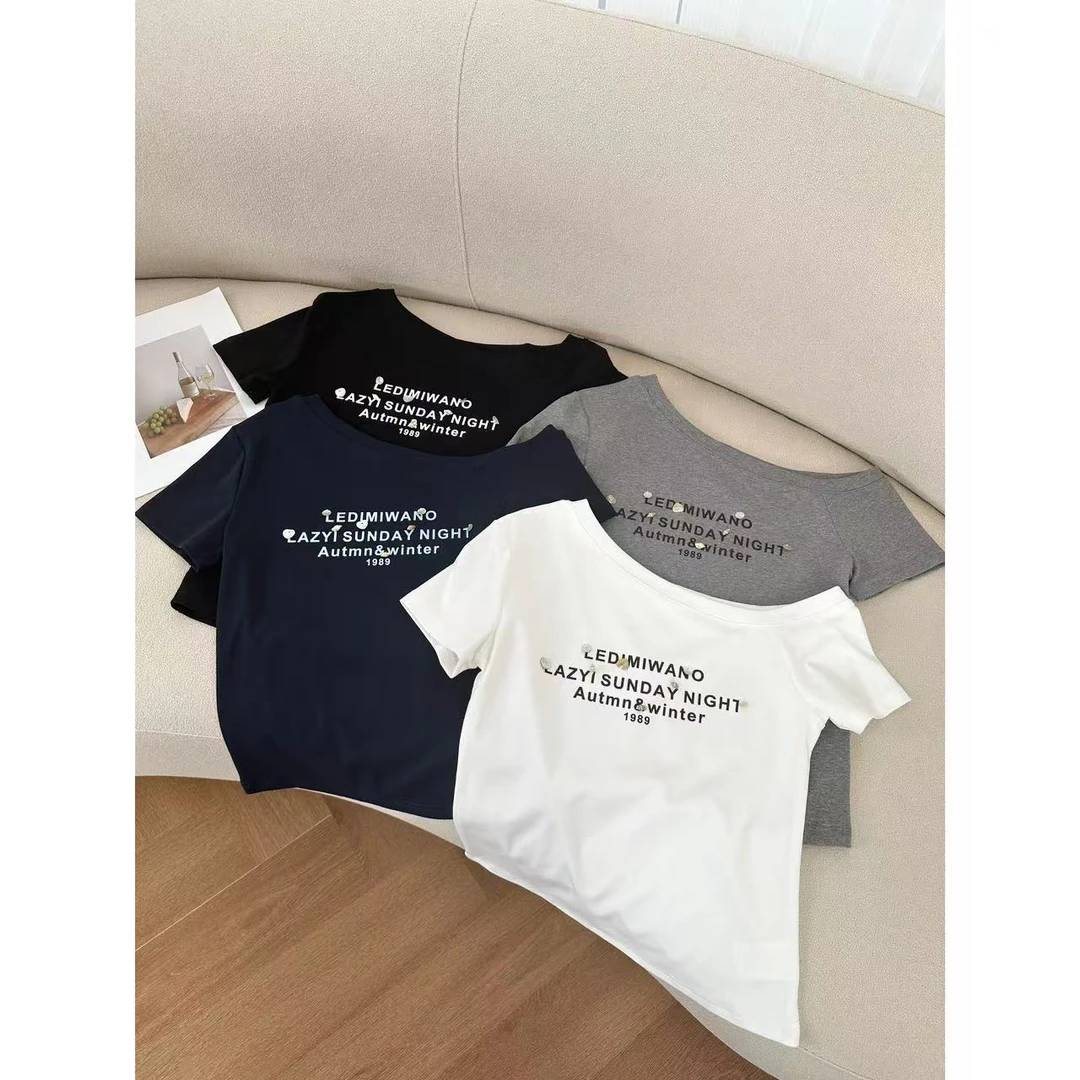 露肩字母贝壳装饰美式短袖T恤~N2246L小静折扣