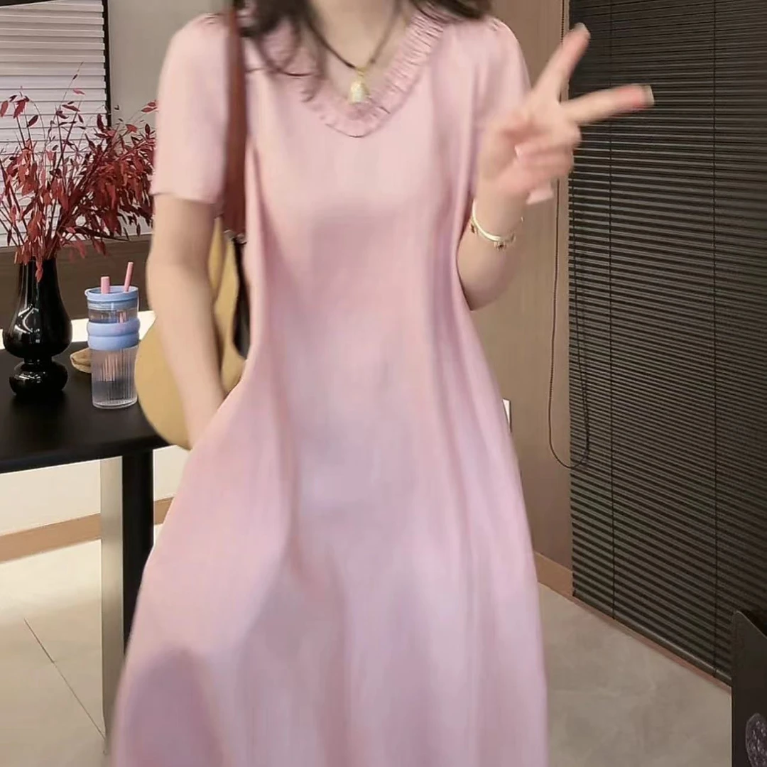 瑞瑞推荐【V领花边】夏季休闲百搭气质女装连衣裙DM327