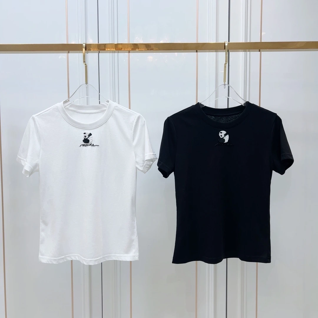 5694研家轻奢法式简约熊猫刺绣圆领短袖T恤