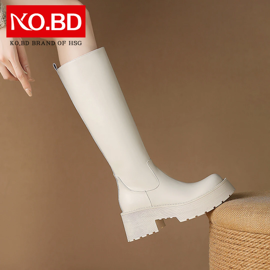 柯百蒂白色厚底骑士靴女显瘦高筒靴秋冬新款粗跟真皮长筒女靴S968