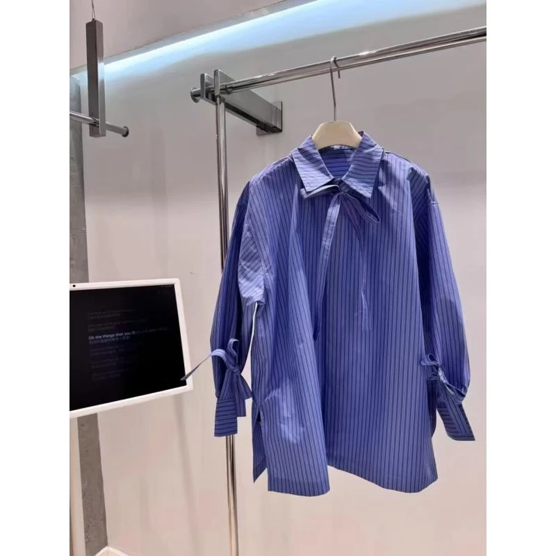 韩系poolo领长袖条纹衬衫女春秋2025休闲开衫衬衣宽松中长款上衣