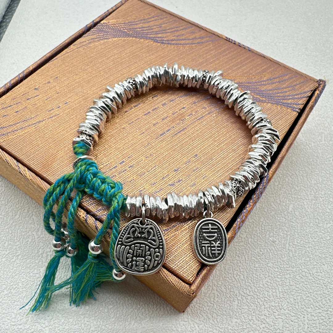 足银手镯 足银999.9手镯 绿盘缠手链手工编绳素款精美银手串