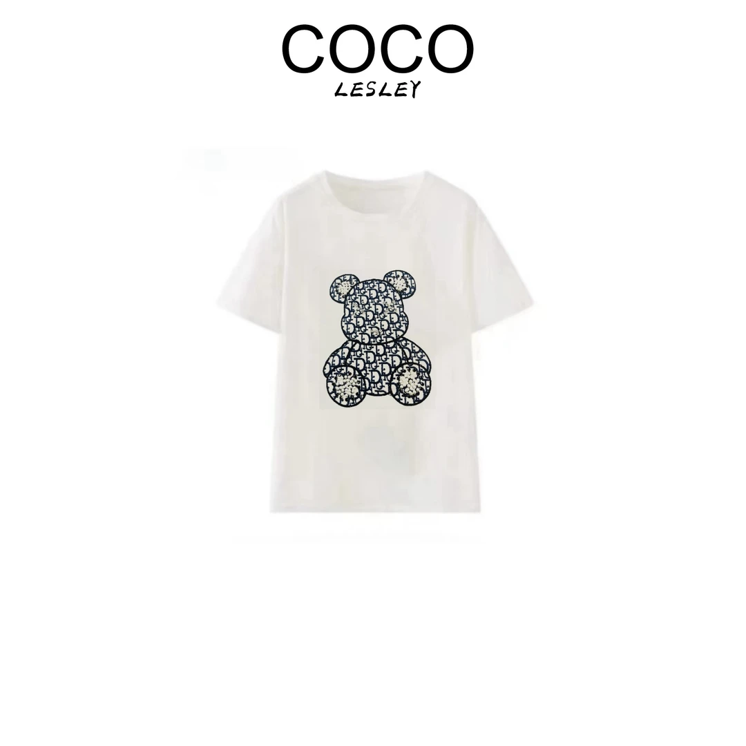 【COCO LESLEY】字母熊时尚百搭短袖夏季新款立体手工烫钻白色
