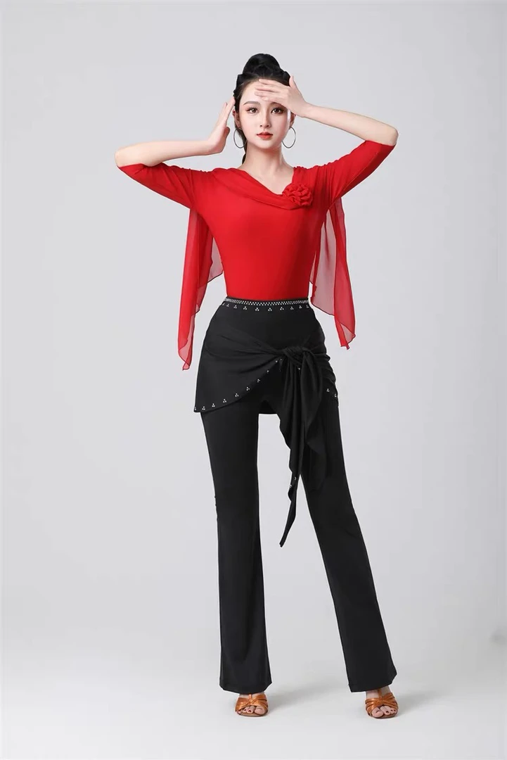 吉特巴舞蹈裤新款烫钻飘带广场舞长裤水晶麻舞裤松紧腰三步踩裤子