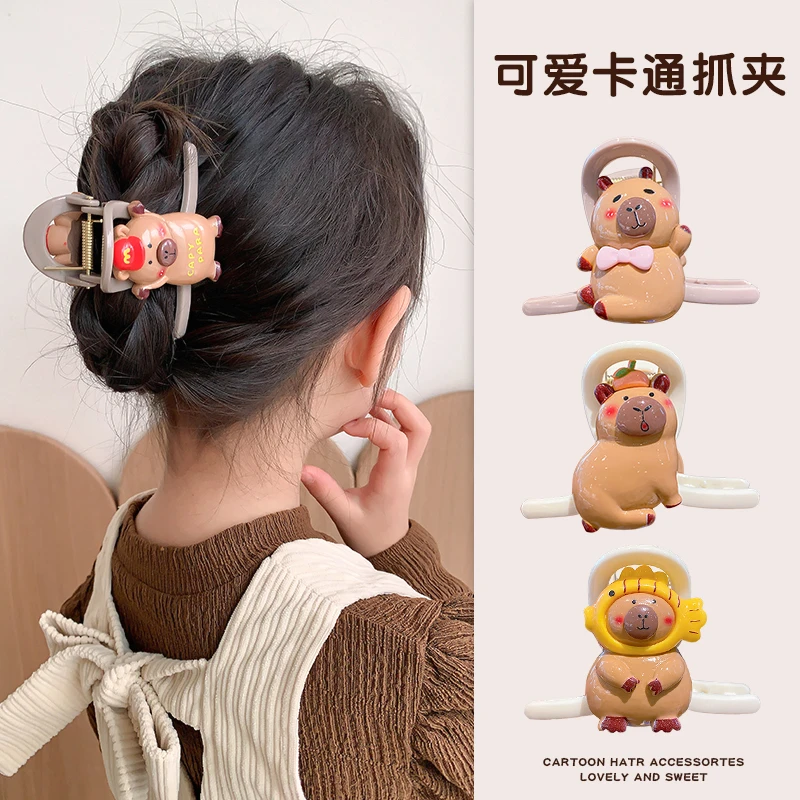 儿童卡皮巴拉可爱抓夹女童后脑勺盘头发鲨鱼夹公主丸子头发饰头饰