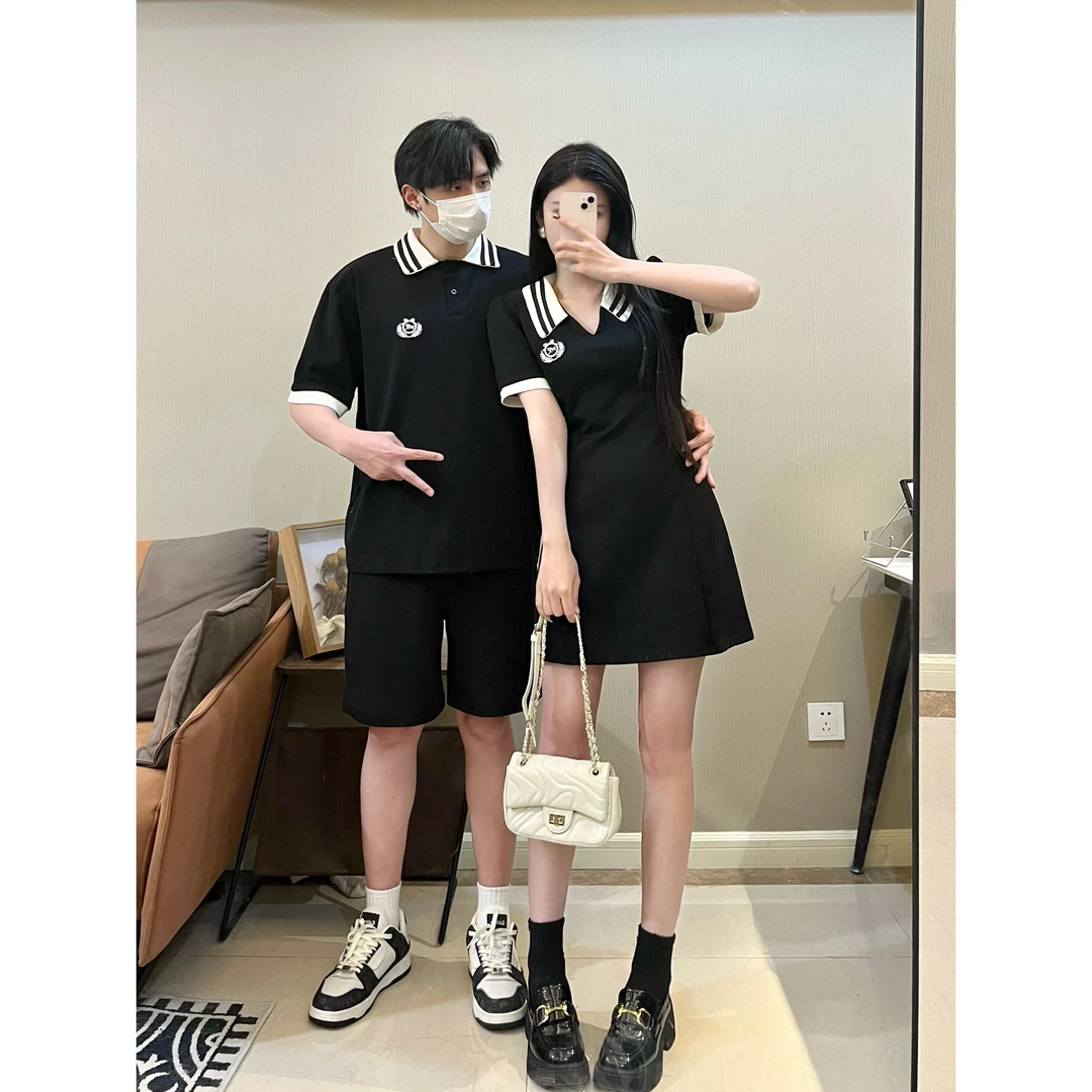 情侣装学院风休闲短袖连衣裙减龄收腰显瘦气质Polo领裙子女男T恤