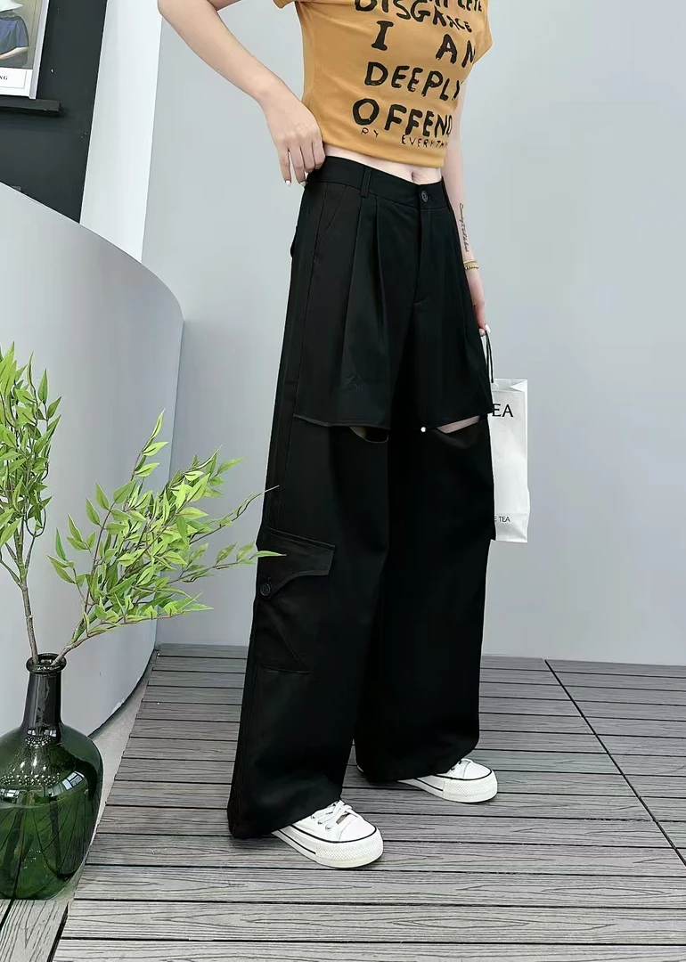 纯色休闲风高腰长裤破洞休闲裤夏季春夏ins黑色阔腿宽松