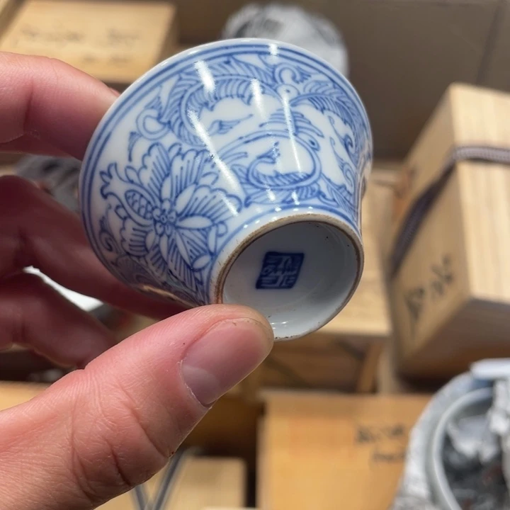 老青花马蹄杯  手绘