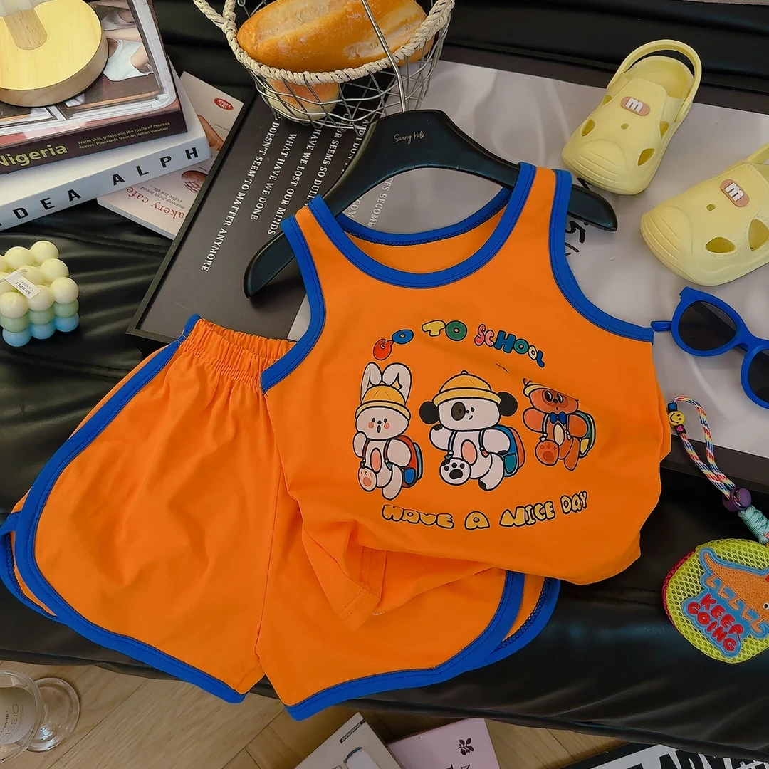 【纯棉】夏季休闲卡通薄款通用男童夏装卡通风男运动套装吸汗亲肤